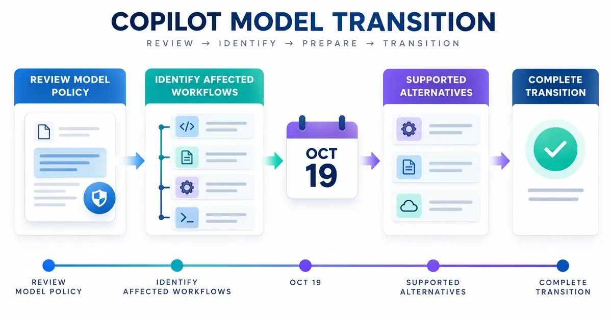 Four-step diagram showing current models, policy review, alternative models, and the October 19 transition.