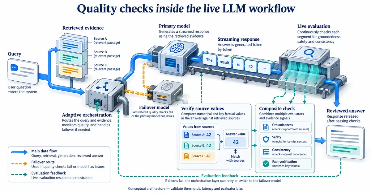 Detailed white-background textbook plate showing retrieval, model routing and failover, streamed tokens, live evaluation, source-value comparison, and a reviewed response.