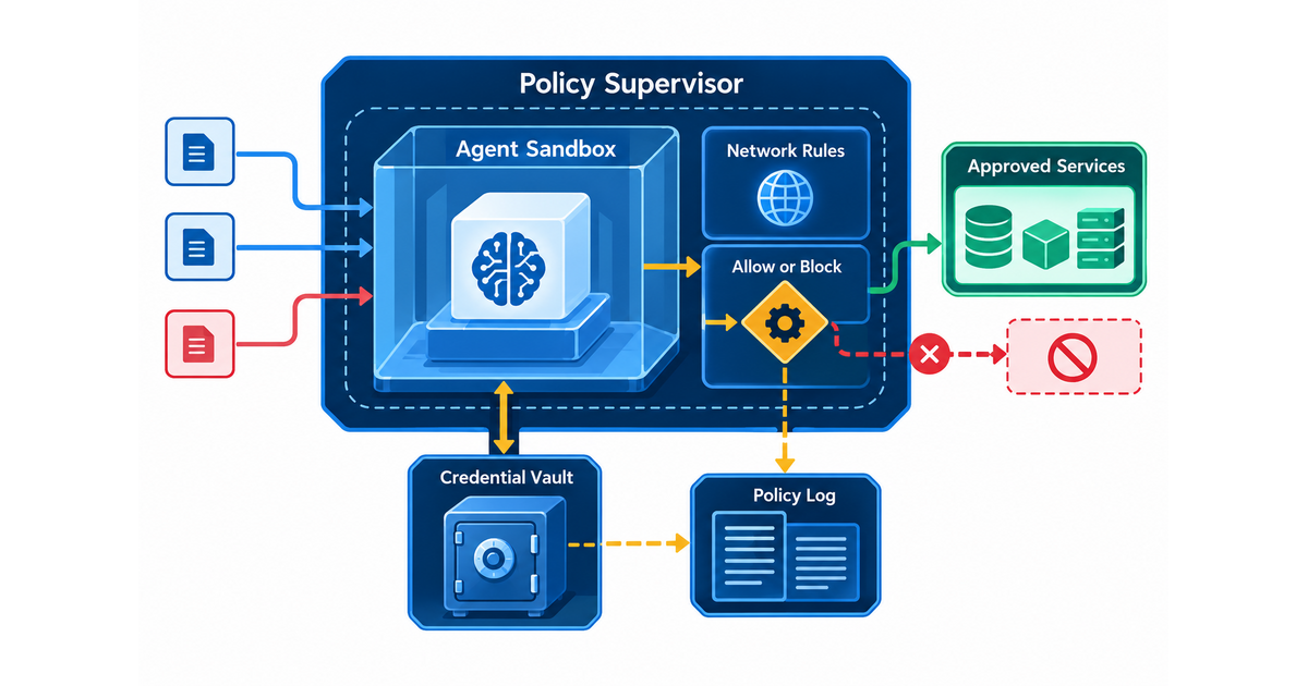 Textbook architecture diagram showing an AI agent inside a sandbox, an external policy supervisor checking network and credential access, and approved services outside the workload.