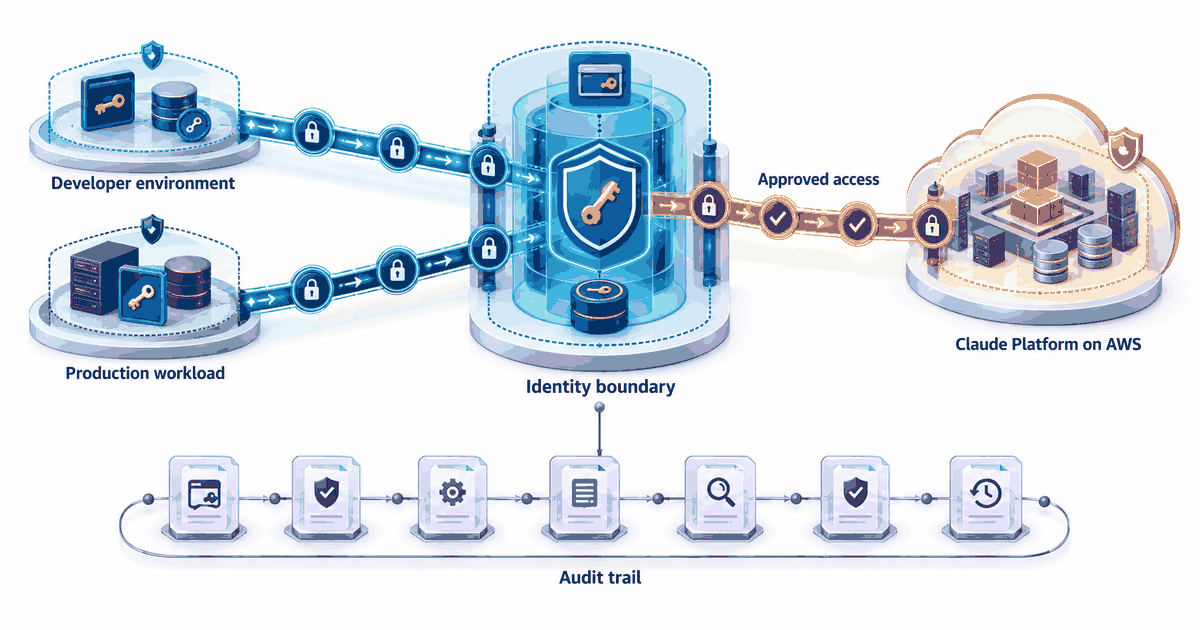 Textbook architecture diagram showing developer and production environments passing through an identity boundary to Claude Platform on AWS, with approved access paths and an audit trail.
