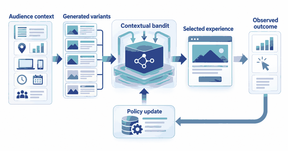 Textbook closed-loop diagram showing audience context and generated variants entering a contextual bandit, a selected experience producing outcomes, and policy updates feeding later decisions.