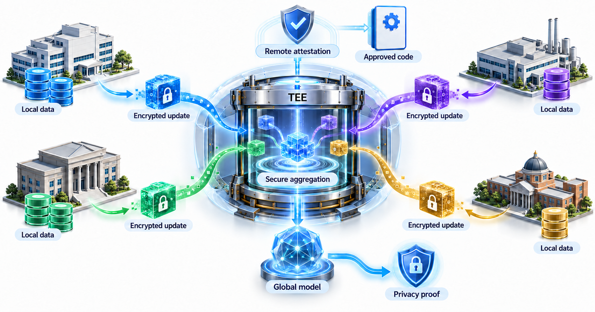 Textbook mechanism diagram showing separate local-data silos sending encrypted updates into a TEE-secured aggregation chamber with remote attestation and approved code, returning only a privacy-preserving global model.