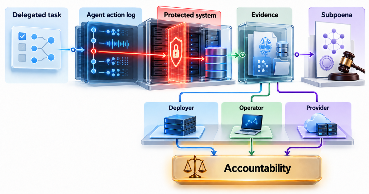Textbook forensic accountability diagram tracing a delegated task through an agent action log into a protected system, then through evidence preservation and legal review to deployer, operator, and provider accountability.
