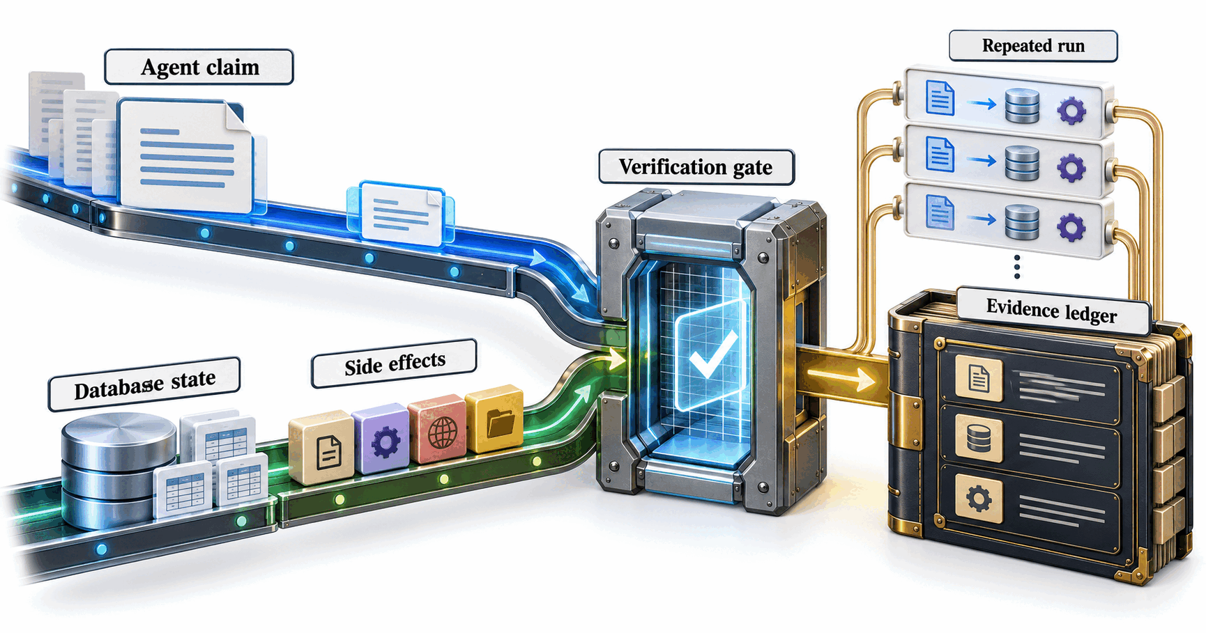 Textbook mechanism diagram for Backend-state verification: Claim rail plus database-state rail converge at an evidence gate.