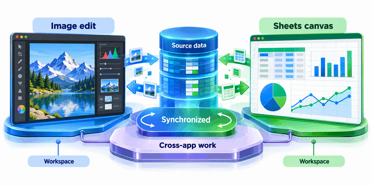 Textbook mechanism diagram for Synchronized cross-app work: Image editing, Sheets canvas and cross-app work connect to one shared source-data backbone.