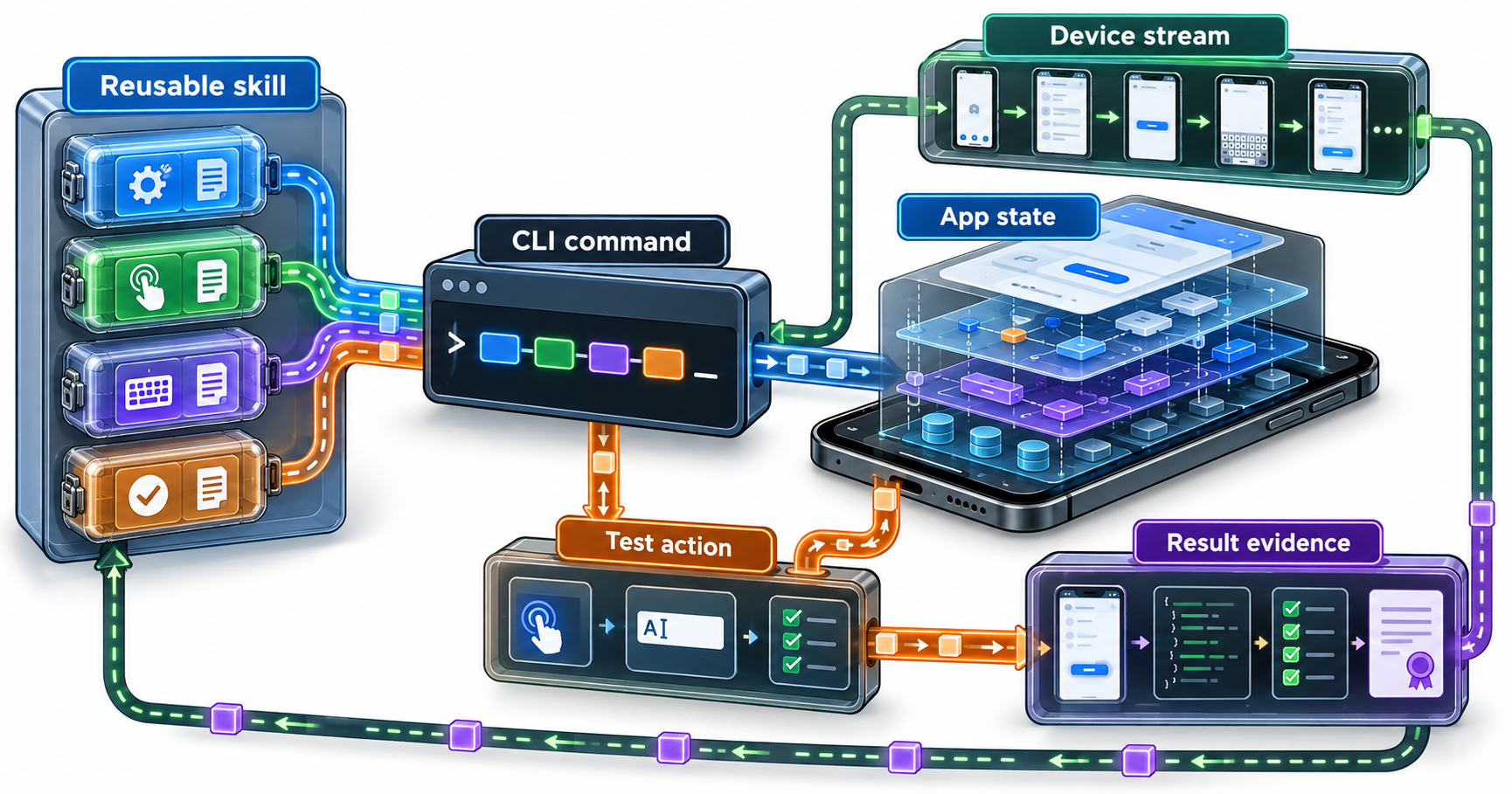Textbook mechanism diagram for Reusable Android CLI agent skills and device streaming: A layered mobile-automation workshop: a reusable skill capsule library feeds a single CLI command rail, which orchestrates a device-state cutaway, a live screen stream, bounded test actions, and signed result evidence returning to the skill library.