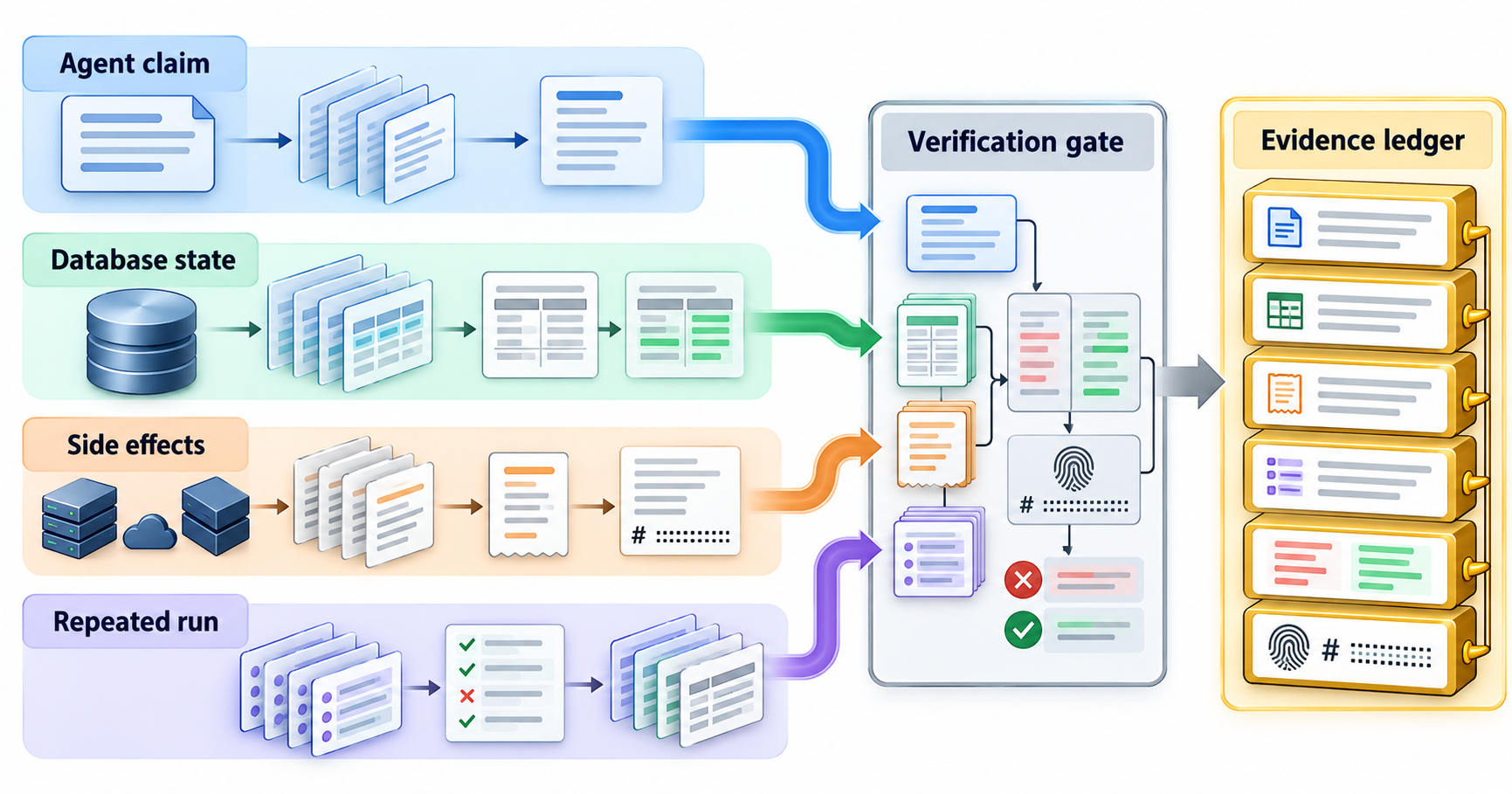 Textbook mechanism diagram for Backend-state verification for agents: A forensic split-plane architecture contrasts an upper claim channel with a lower durable-state channel; database records, side-effect receipts, and repeated-run samples converge through a verification tribunal into an immutable evidence ledger.