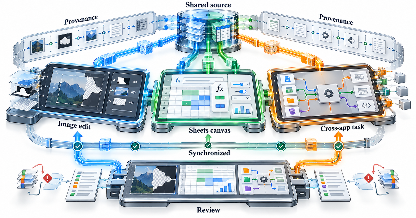 Textbook mechanism diagram for Prompt-driven synchronized knowledge work across images, canvases, and applications: A shared-source data spine feeds three visually distinct workbenches—object-level image editing, a prompt-built spreadsheet canvas, and cross-application execution—while provenance and synchronization rails reconcile changes into a review surface.