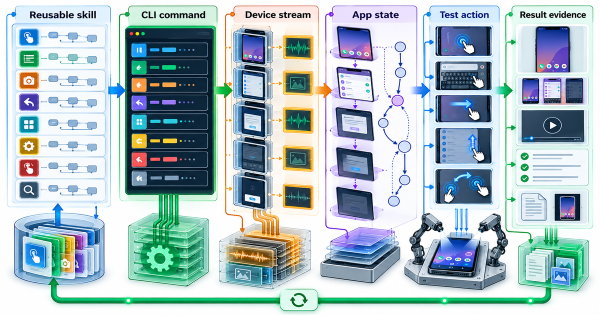 Textbook mechanism diagram for Reusable Android CLI agent skills and device automation: Layered mobile-automation workshop: reusable skill capsules feed a command rail that orchestrates device-state inspection, a live screen stream, bounded test actions and signed result evidence.