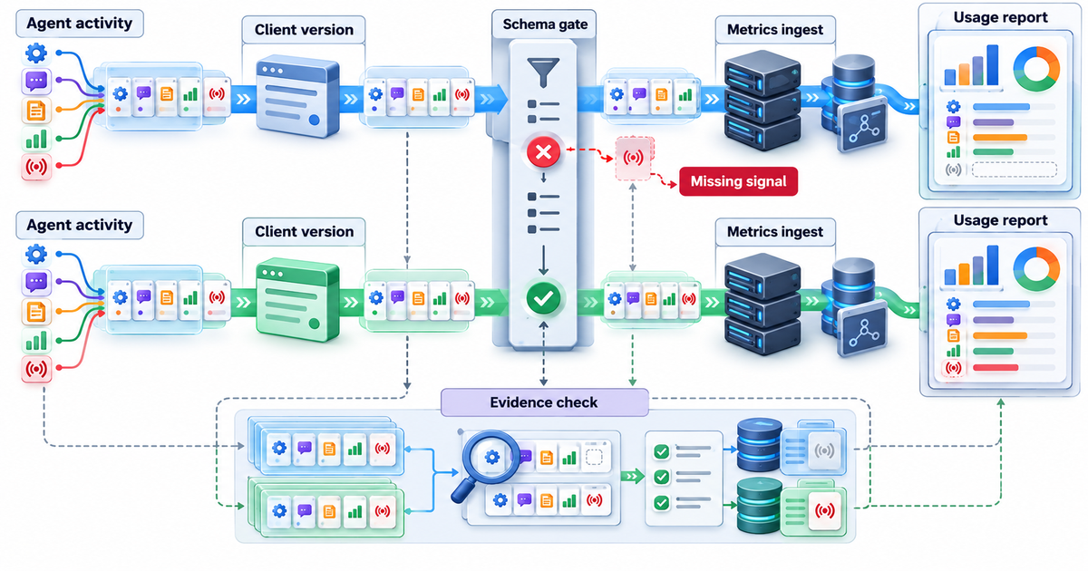 Textbook mechanism diagram for Agent activity telemetry that can silently disappear when client and metrics contracts diverge: Diagnostic observability pipeline with client-version lanes, schema compatibility gate, metrics ingestion, usage report and evidence comparator exposing missing activity.