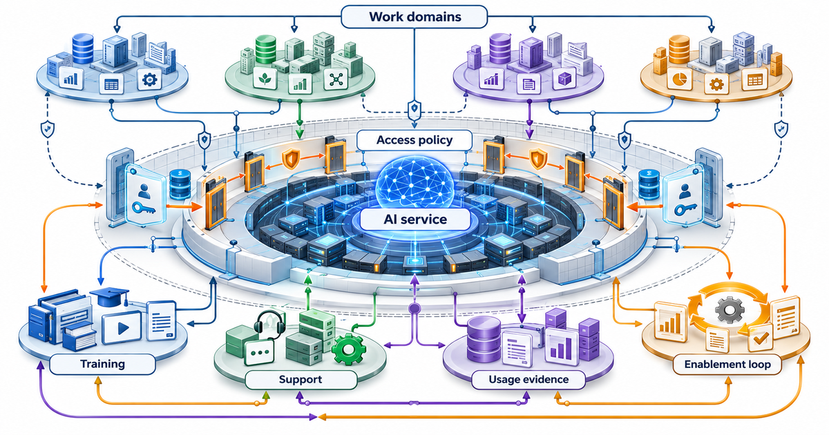 Textbook mechanism diagram for Enterprise AI adoption at workforce scale with governance and enablement: Hub-and-spoke enterprise adoption architecture with a governed AI service core, abstract work-domain clusters, policy, access, training, support and usage-evidence rails.