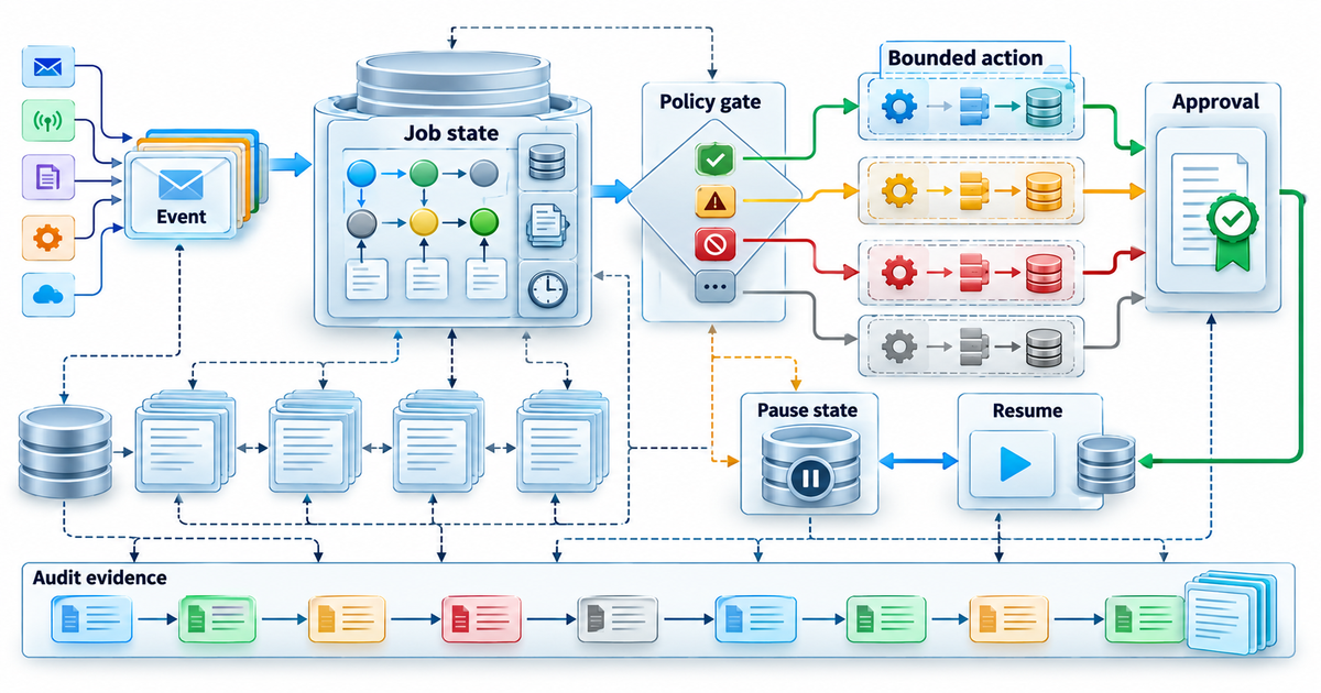 Textbook mechanism diagram for Event-driven ambient agents with durable state, approval interrupts and safe resume: Circular event-driven state machine with event intake, isolated job state, policy gate, bounded tool work, approval checkpoint, persisted pause state, resume and audit evidence.