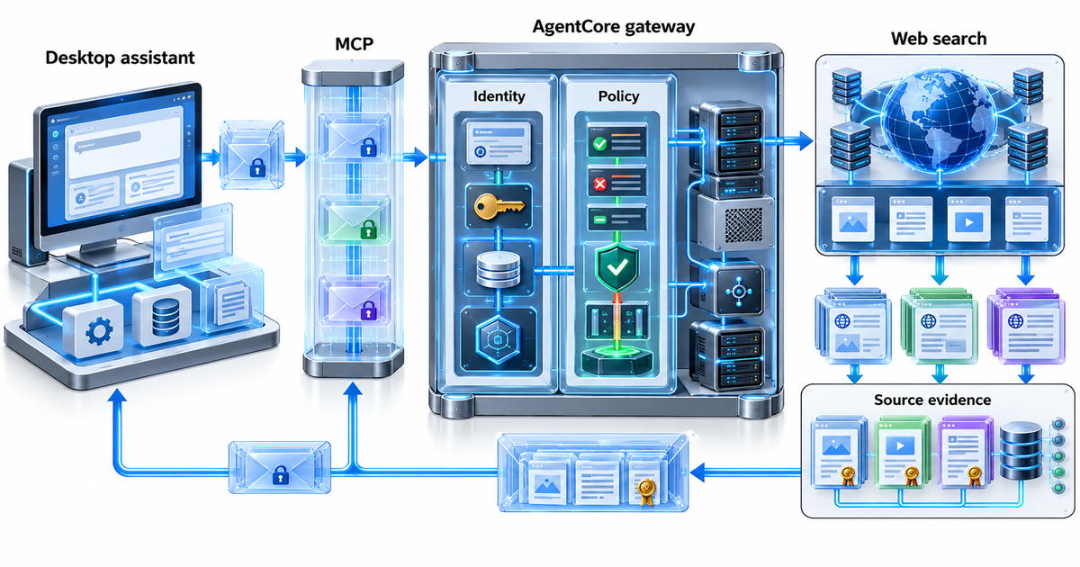 Textbook mechanism diagram for Governed desktop-agent web search through MCP and an AgentCore control boundary: Secure retrieval corridor from desktop assistant through MCP into an AgentCore gateway where identity and policy gate web search and provenance-filtered source evidence returns.