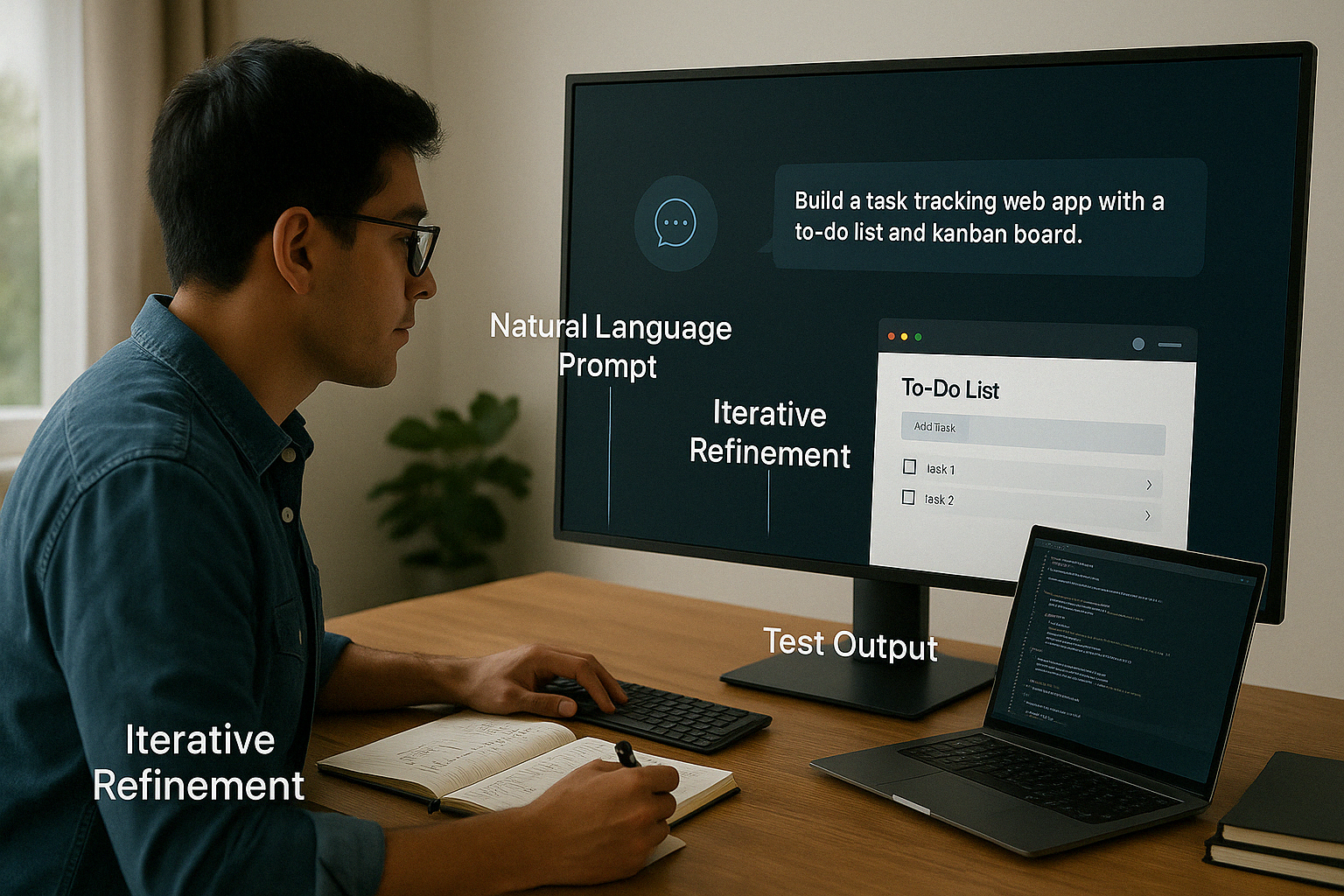 Visual concept of natural language-based vibe coding with AI
